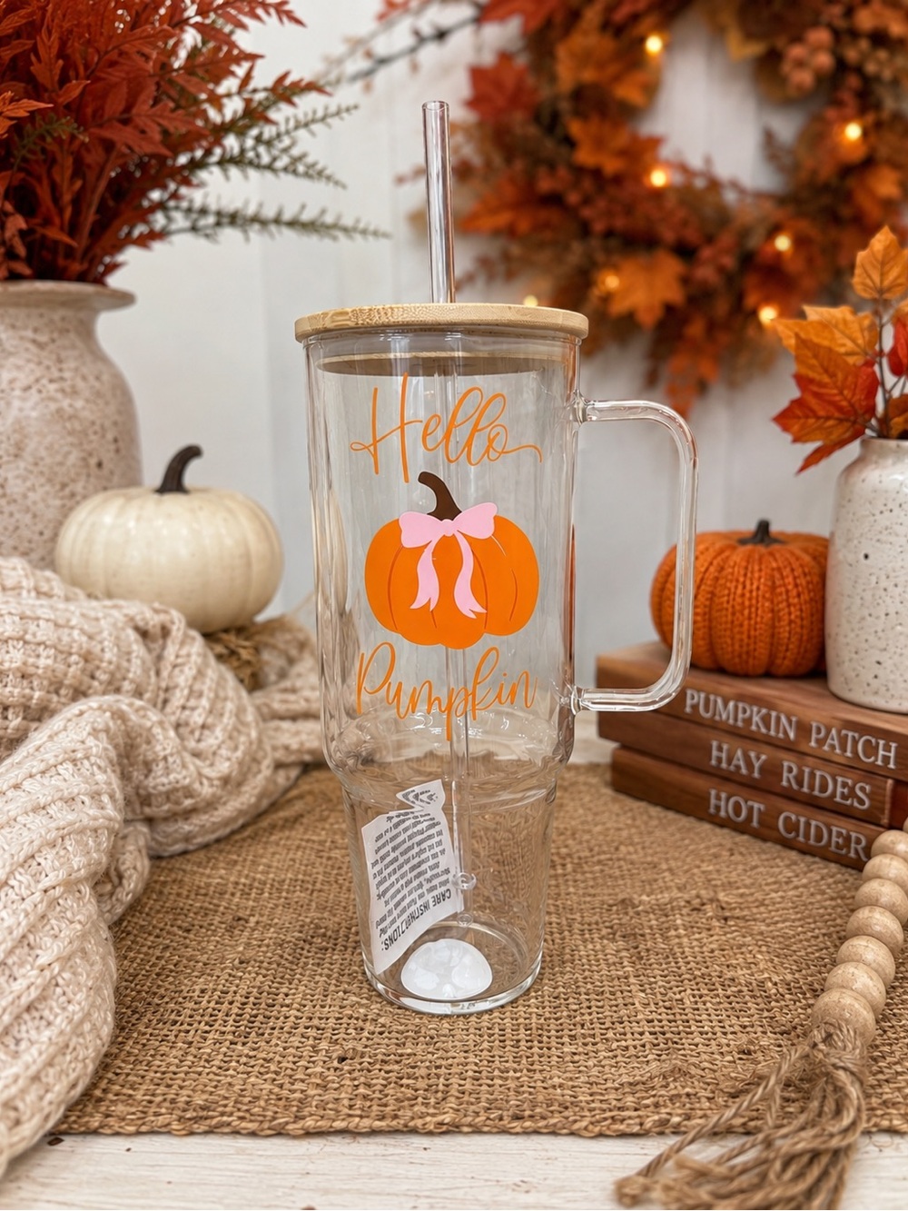 NEW 47oz Hello Pumpkin Fall Tumbler Cup w/ Handle, Lid & Straw 🎃🩷